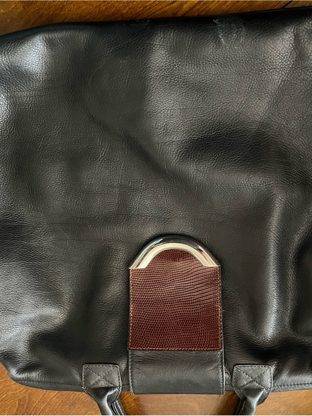 Men's Black Leather Briefcase with Brown Textured Accent
